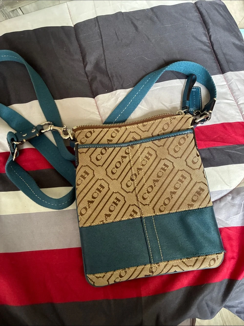 Coach Tan and Teal Signature Crossbody Messenger